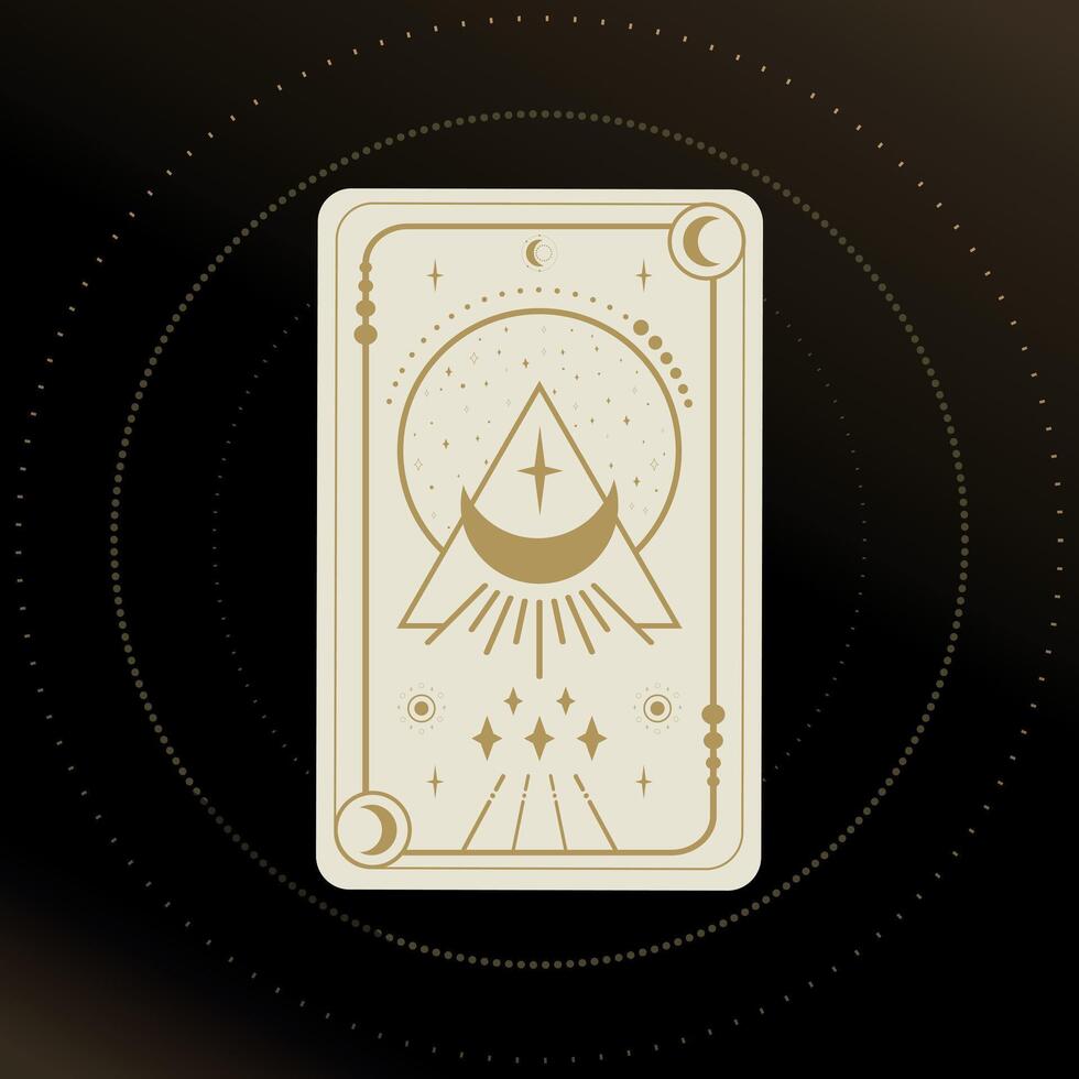 Gold and white Tarot card with a shining crescent in triangle decorated with geometric shapes. Tarot symbolism. Mystery, astrology, esoteric. illustration vector