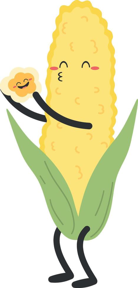 Cute cartoon corn character isolated on white background. Corn kissing a baby. Flat style. illustration vector