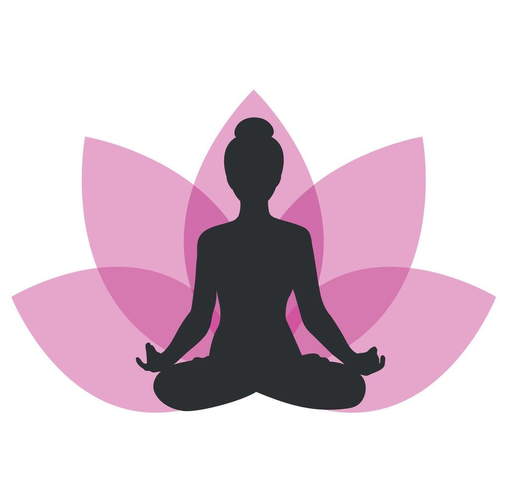 Silhouette of a woman sitting in lotus position on lotus flower background. Girl doing yoga and meditating. Meditation and healthy lifestyle. illustration vector