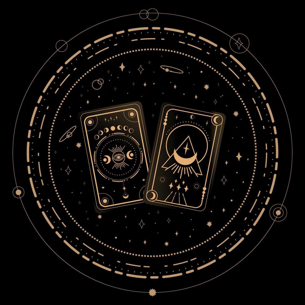 Divination Tarot cards on black background. Fortune telling. Tarot symbolism. Mystery, astrology, esoteric. illustration vector