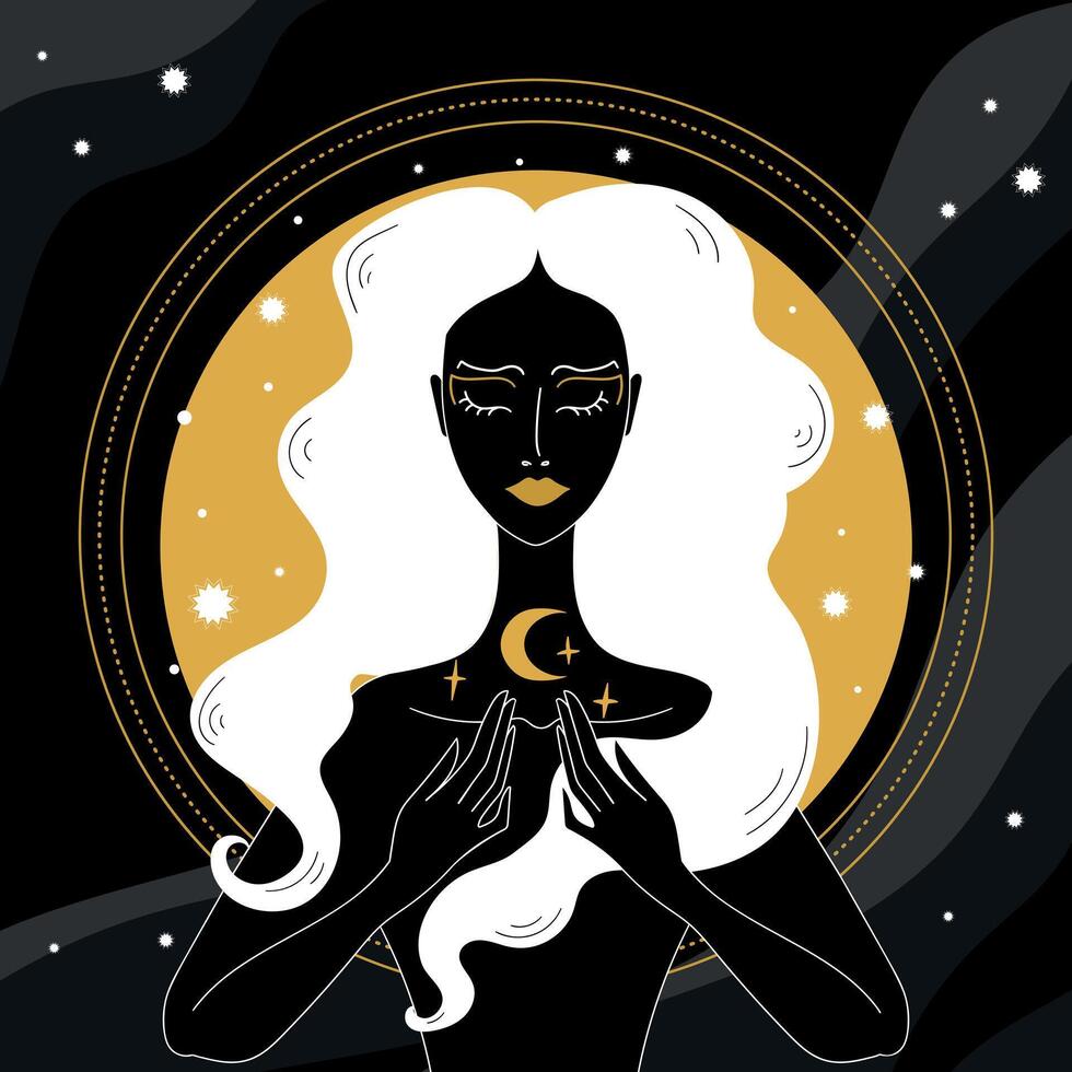 Mystical Sorceress or witch with stars and crescent on gold and black background. Witchcraft and magic illustration vector