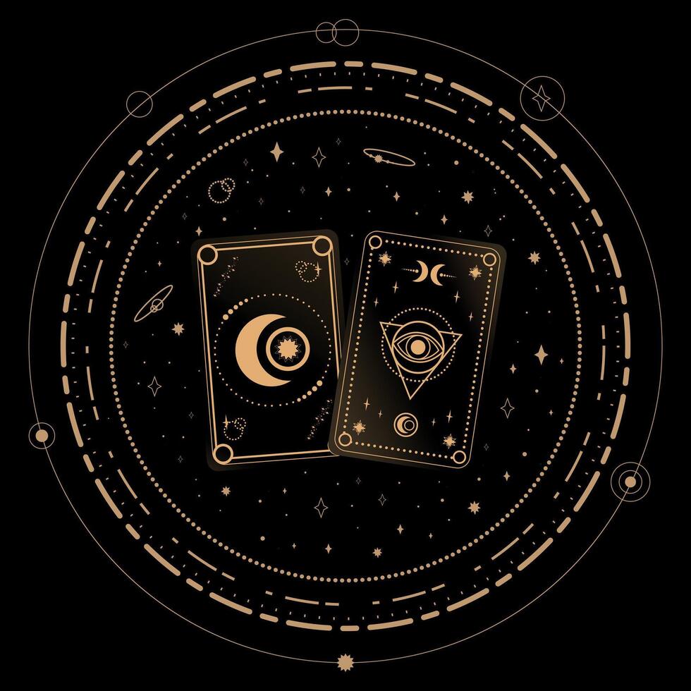 Divination Tarot cards on black background. Fortune telling. Tarot symbolism. Mystery, astrology, esoteric. illustration vector