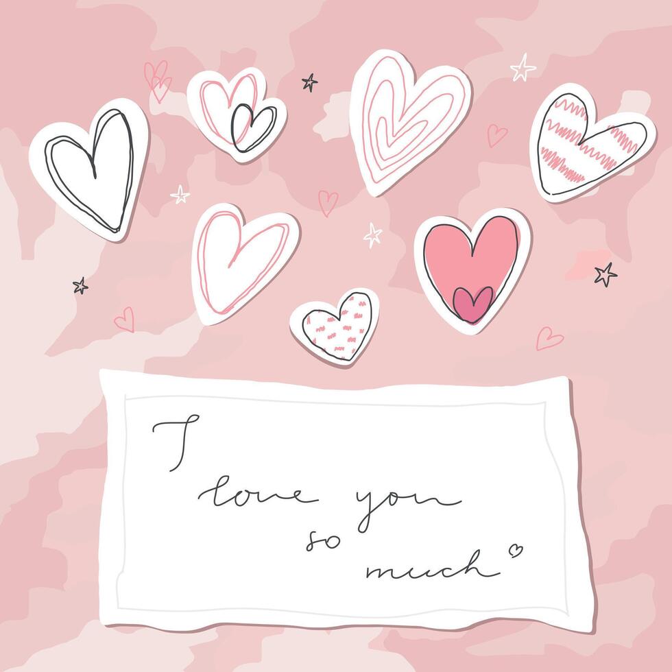 Valentines Day card with doodle paper hearts and love note on a textured background. illustration vector
