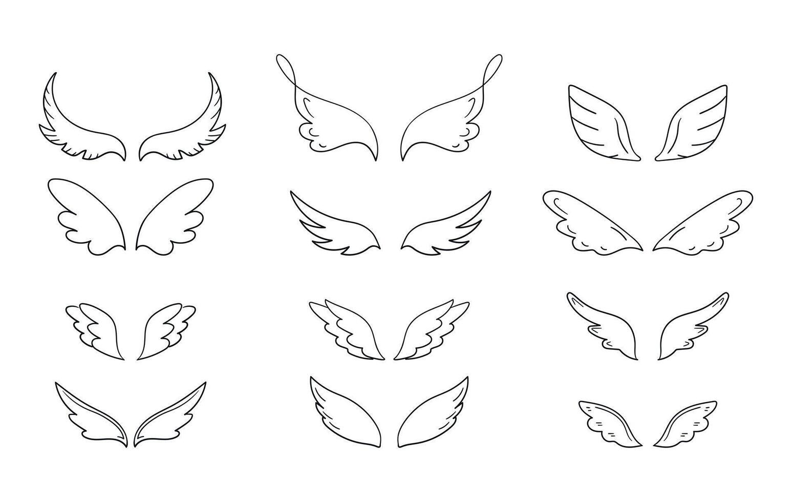 Collection of hand drawn wings in different shapes. Doodle wings collection. illustration vector