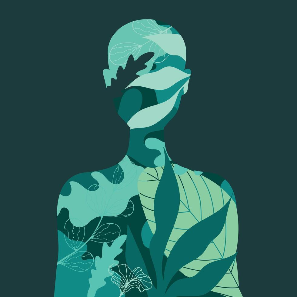 Human silhouette front view with rainforest plants inside it. illustration vector