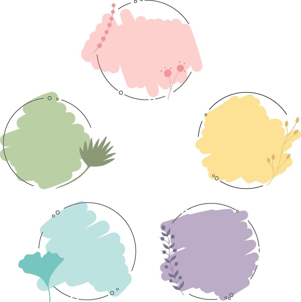 Set of circle doodle frames decorate with botanical elements and lines. Different doodle shapes with a blank space. illustration vector