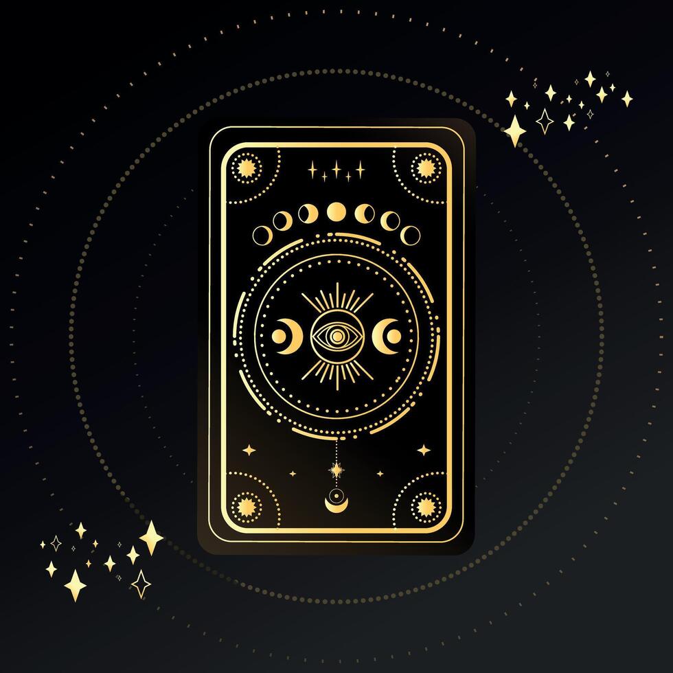 Gold Tarot card with a magical eye, moon and crescent decorated with geometric shapes. Tarot symbolism. Mystery, astrology, esoteric. illustration vector