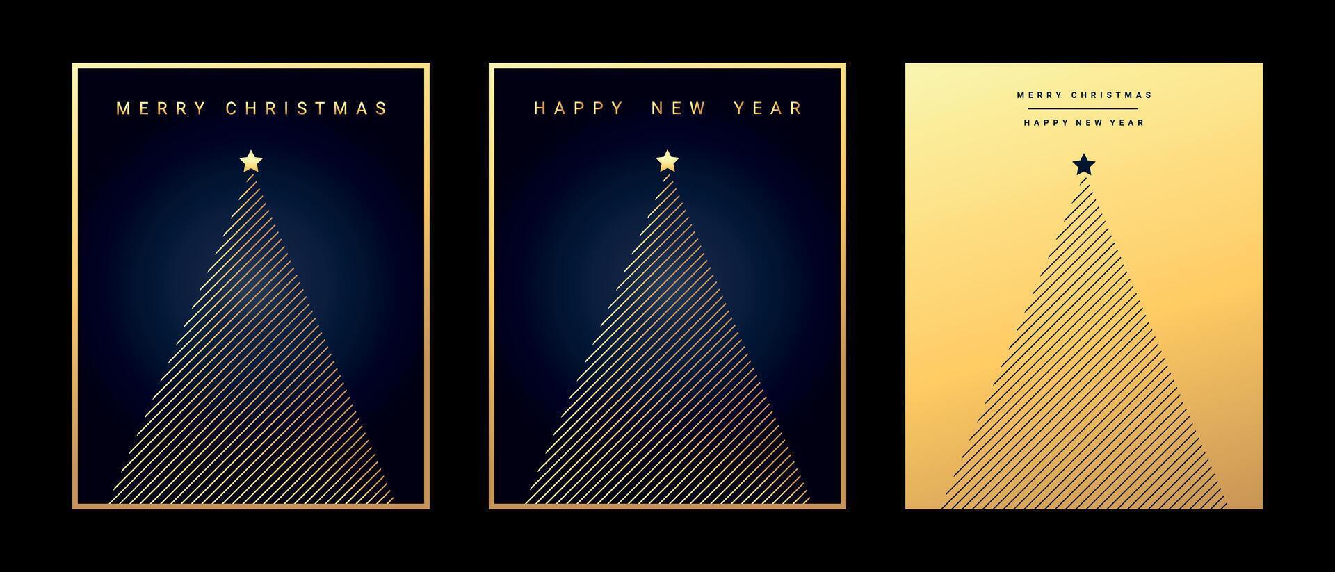 Christmas and New Year greeting cards with Christmas tree geometric shaped. Minimal design in dark blue and gold gradient colors. illustration vector