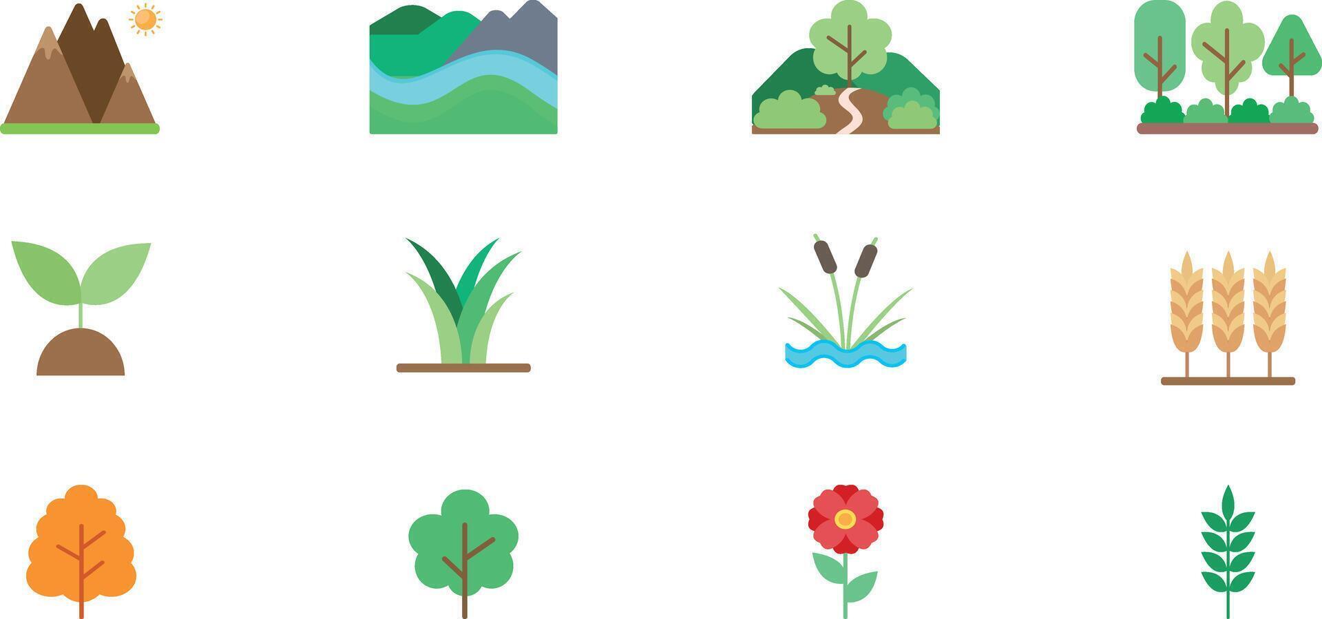 Nature icons set in flat style. Pack of bright icons of plants and landscape. illustration vector