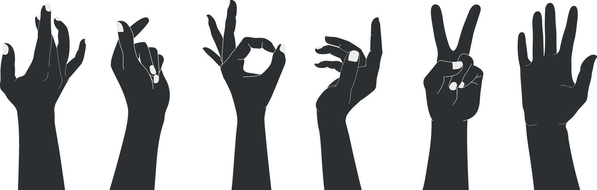 Set of raised human hands silhouettes with different gestures. Isolated illustration of human hands vector