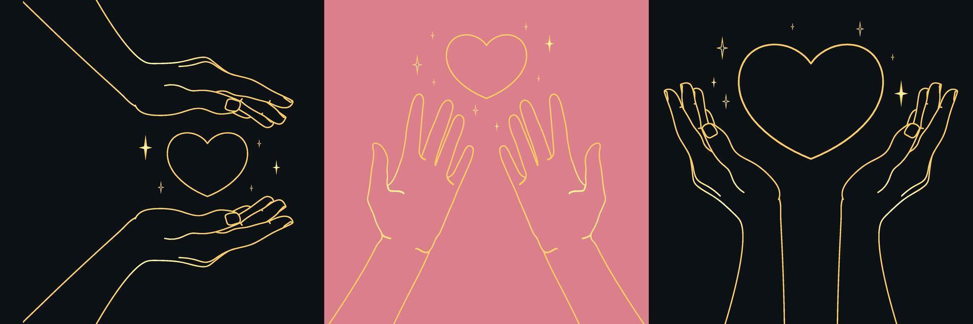Set of Human hands with a heart. Love and care emblem gold colored. Symbolizing love and charity. illustration vector