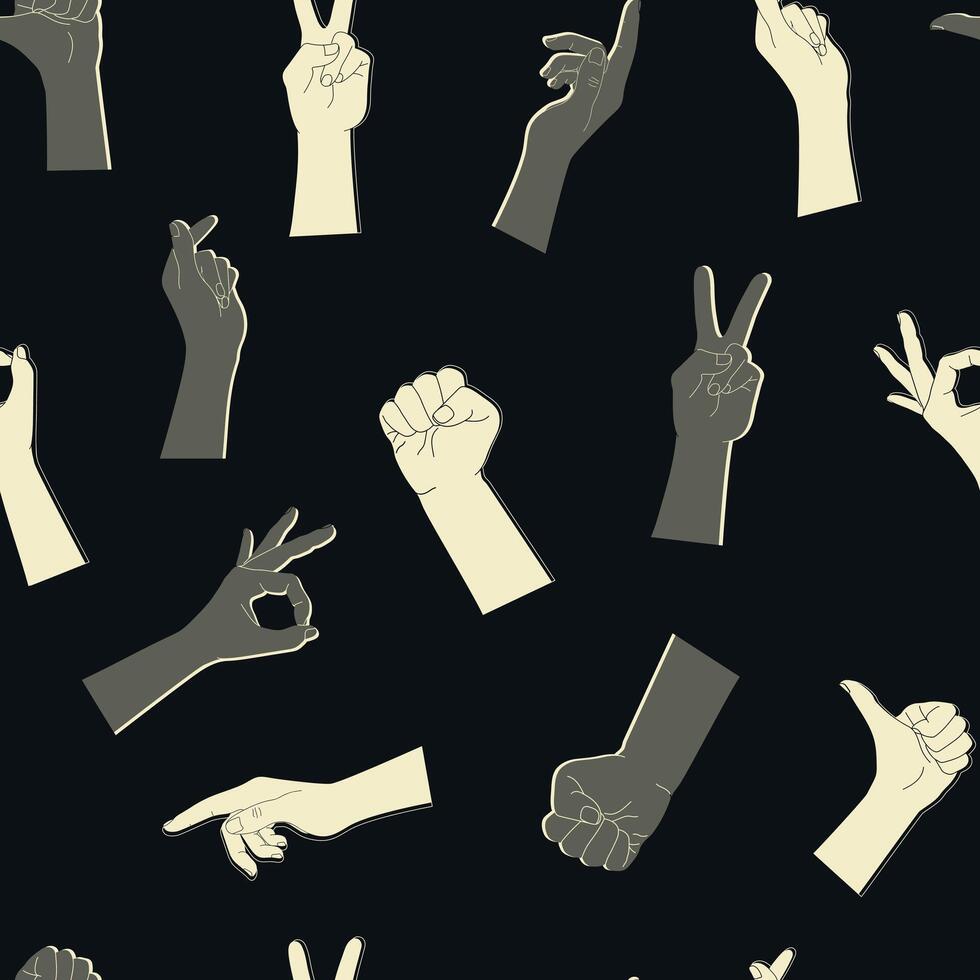 Seamless pattern of human hands with different gestures. Light and dark hand silhouettes on a black background. illustration vector