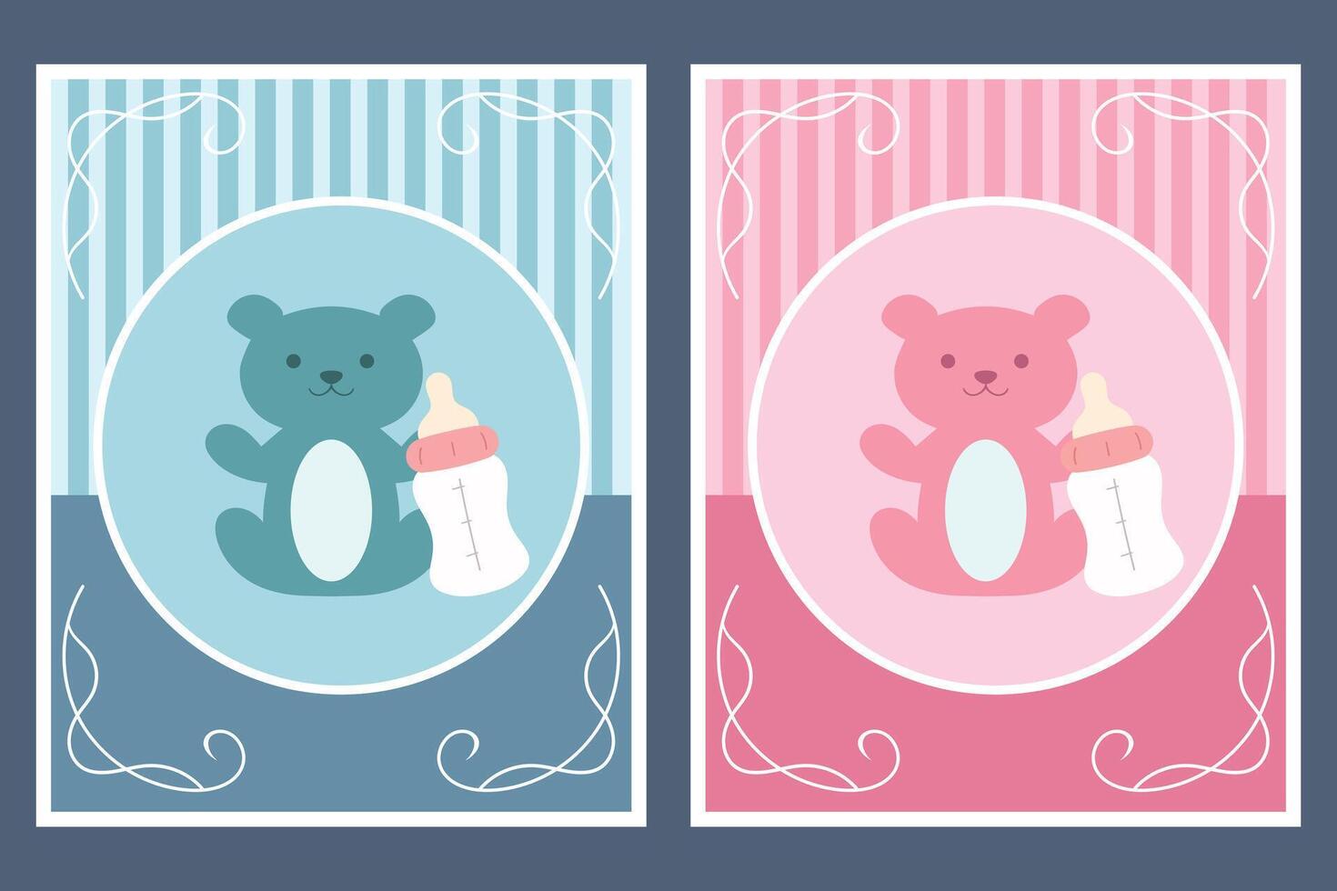 Template cards with teddy bear and bottle for boy and girl. For baby shower or greeting card. illustration vector