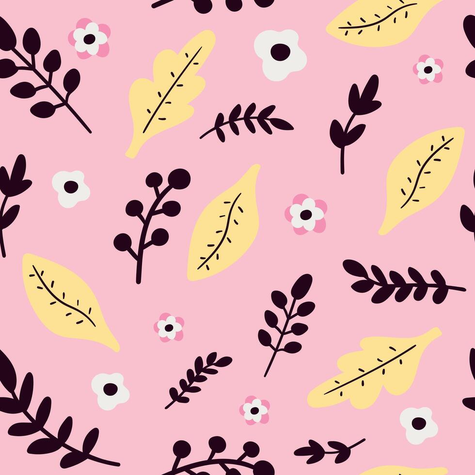 Seamless pattern of botanical elements in doodle style. Doodle flowers and leaves on pink background. illustration vector