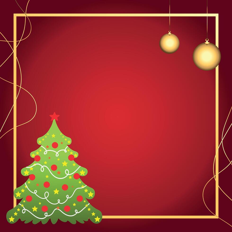 Christmas greeting card with gold frame decorated with Christmas balls and Christmas tree. illustration vector