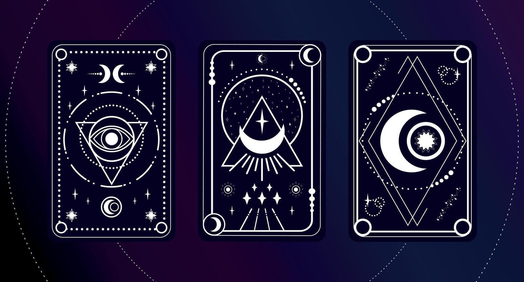 Tarot card set with a magical eye, moon, crescent and stars decorated with geometric shapes. Tarot symbolism. Mystery, astrology, esoteric. illustration vector
