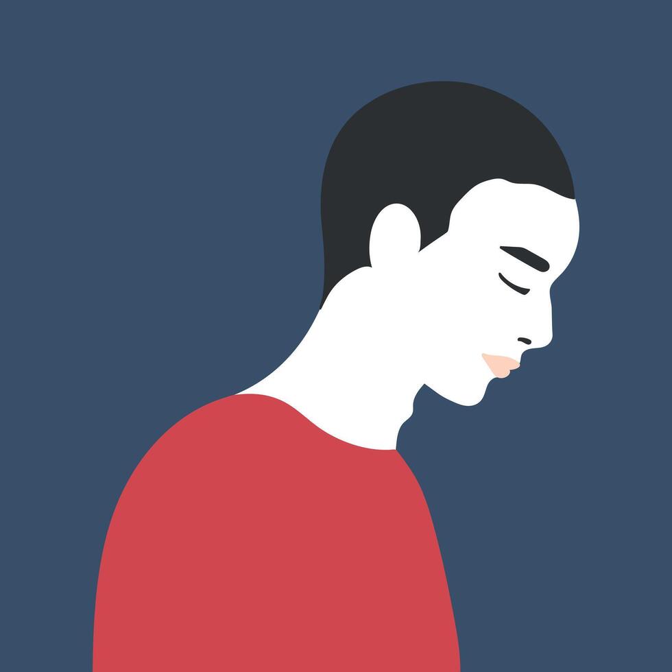 Portrait of sad young man. A sad guy stands with his head down. illustration vector