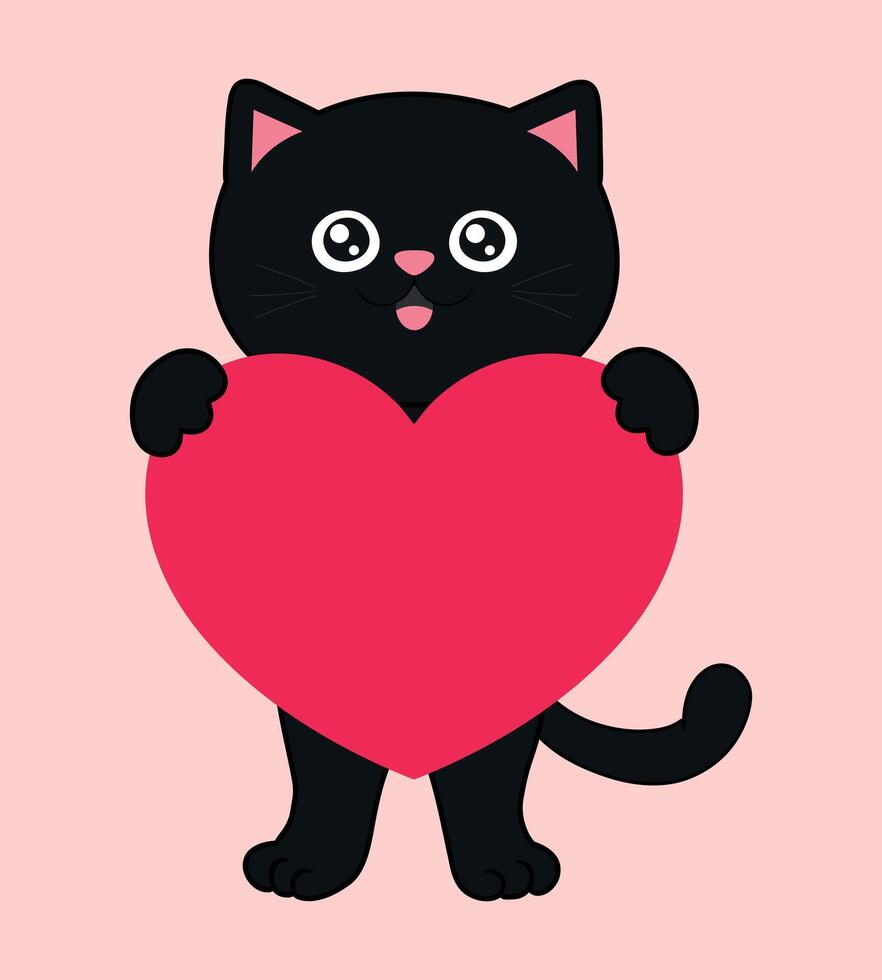 Cute cartoon black cat with a heart in his paws. Cute template for love card or Valentines Day greeting. illustration vector