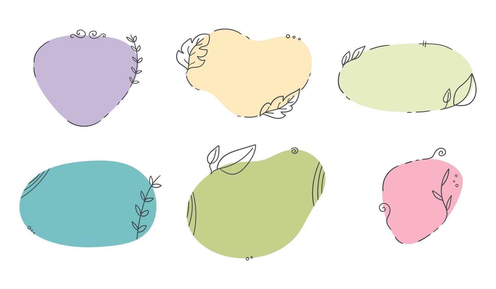 Set of simple doodle frames decorate with botanical elements and lines. Different doodle shapes with a blank space. illustration vector