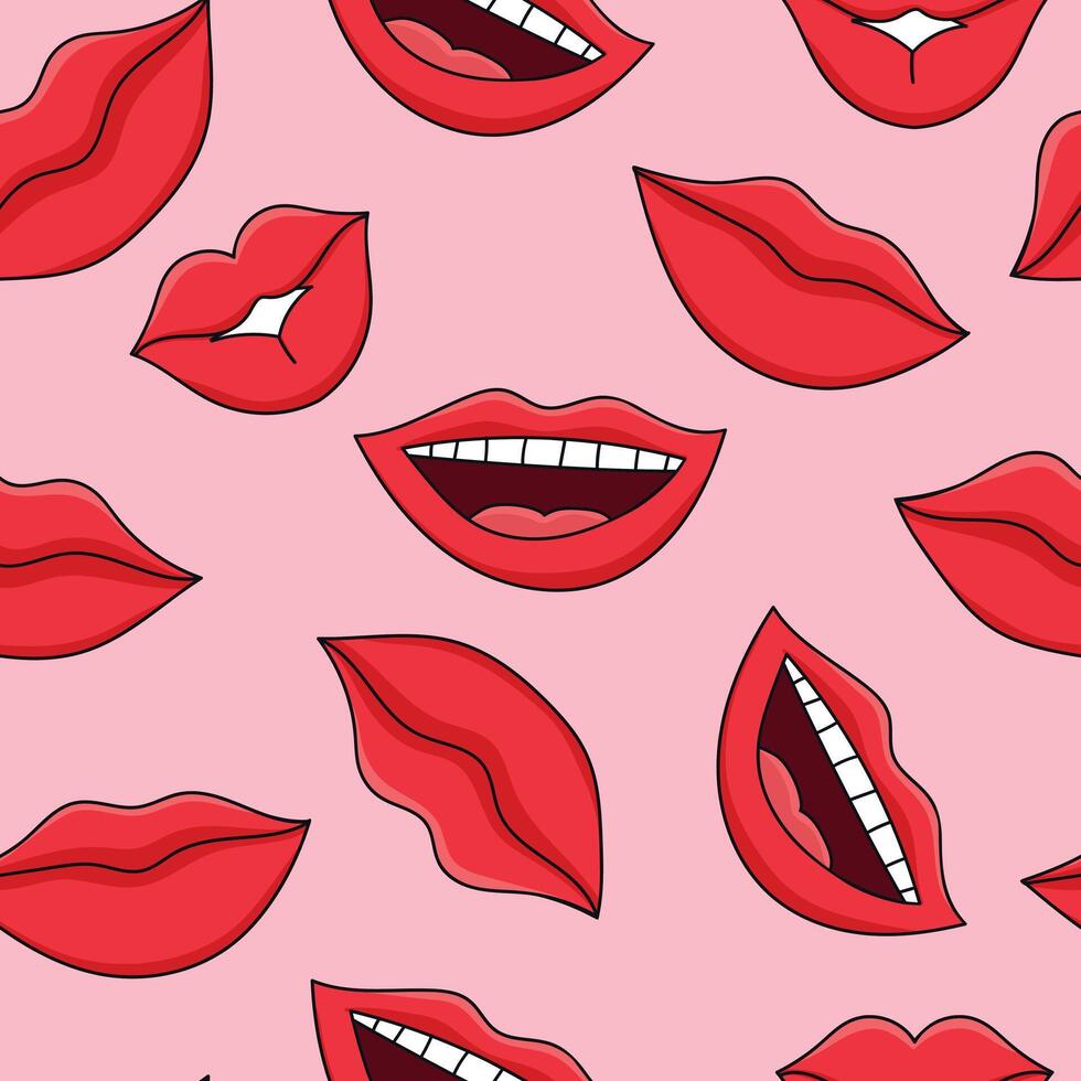 Hand drawn red lips and smile seamless pattern. Hand drawn women lips with red lipstick smiling and kissing. illustration vector