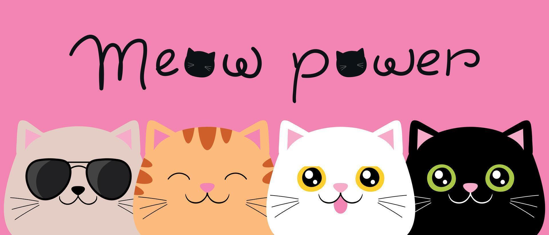 Collection of cat heads with handwriting Meow power. Cats with different color patterns. illustration vector
