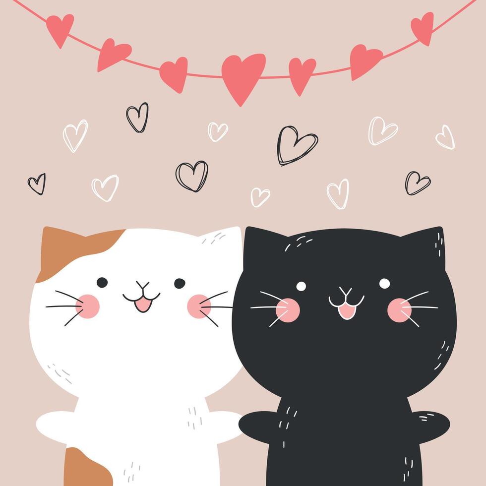 Two cute hand drawn cats holding each other paws under the garland of hearts. Valentines Day. illustration vector