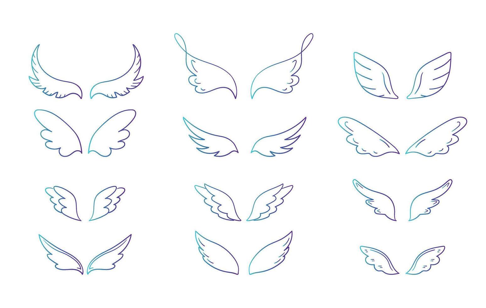 Collection of hand drawn wings in different shapes. Doodle wings collection. illustration vector