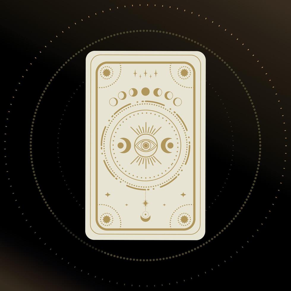 Gold and white Tarot card with a magical eye, moon and crescent decorated with geometric shapes. Tarot symbolism. Mystery, astrology, esoteric. illustration vector