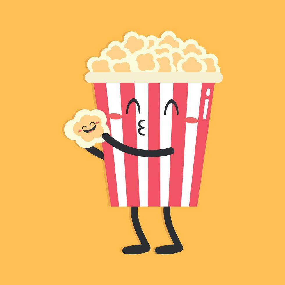 Cute cartoon popcorn character on yellow background. Popcorn kissing a baby. Flat style. illustration vector