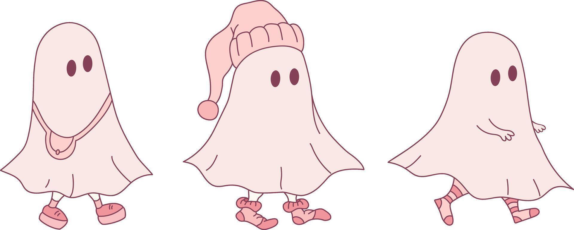 Three little ghosts in different clothes. Hand drawn cute ghosts isolated on white background. Halloween illustration vector
