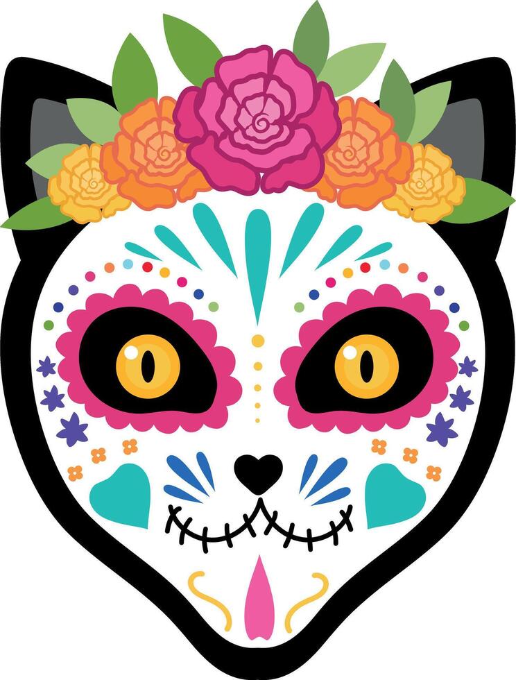Cat face with a colorful makeup of sugar skull and floral wreath. Day of the Dead celebration. Dia de los Muertos. illustration vector