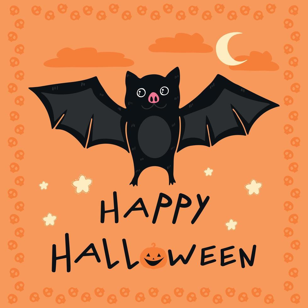 Halloween greeting card with a cute bat and hand drawn letters. Frame of skulls. illustration vector