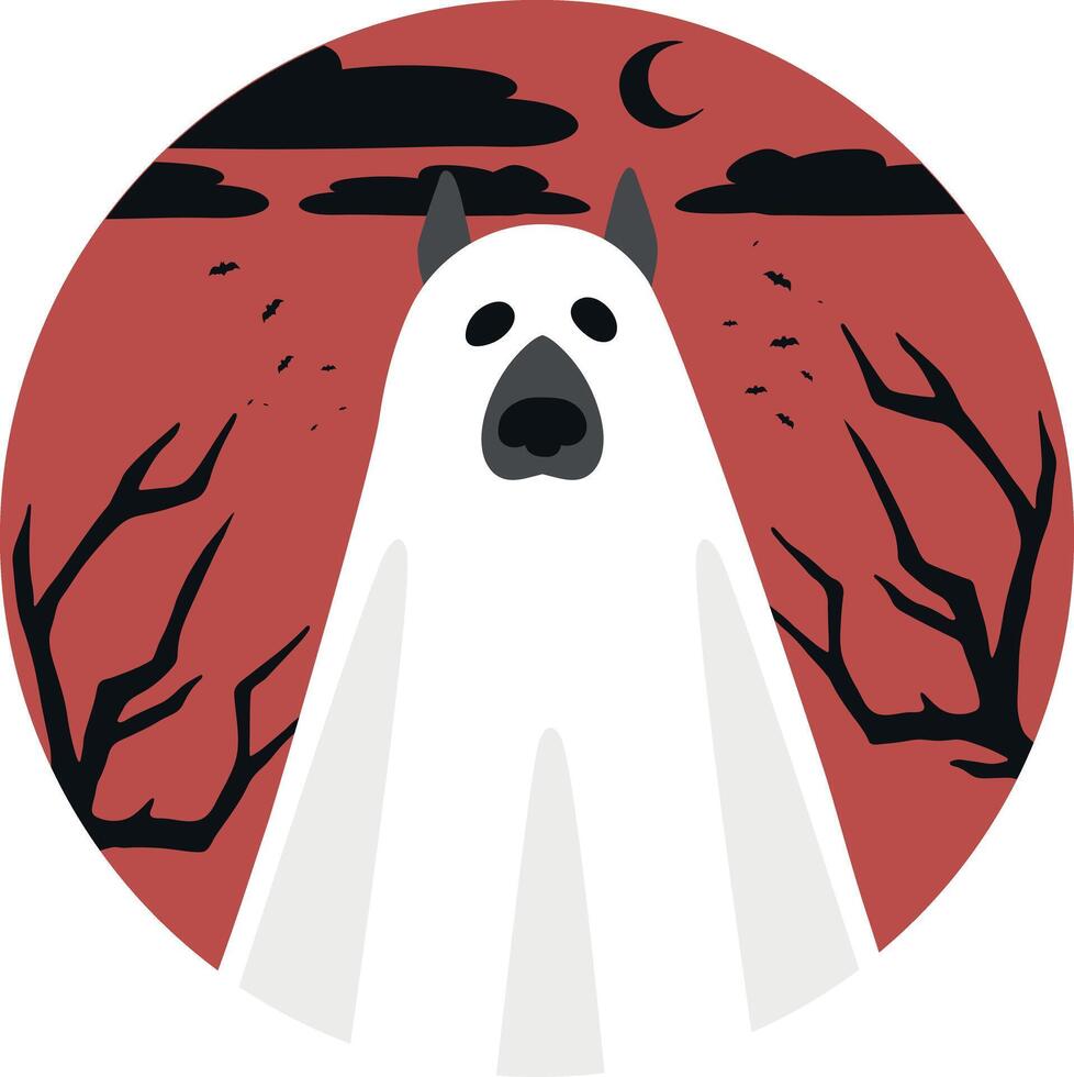 Ghost dog on a round scary red background. Dog in a ghost sheet. illustration vector