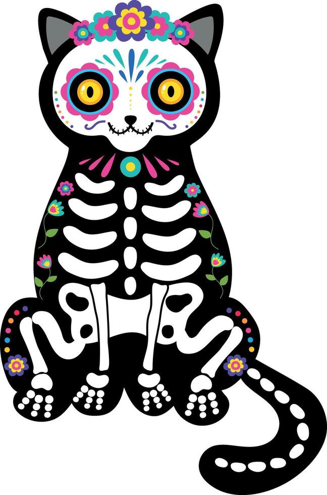 Skeleton cat with a colorful makeup of sugar skull and floral wreath. Day of the Dead celebration. Dia de los Muertos. illustration vector