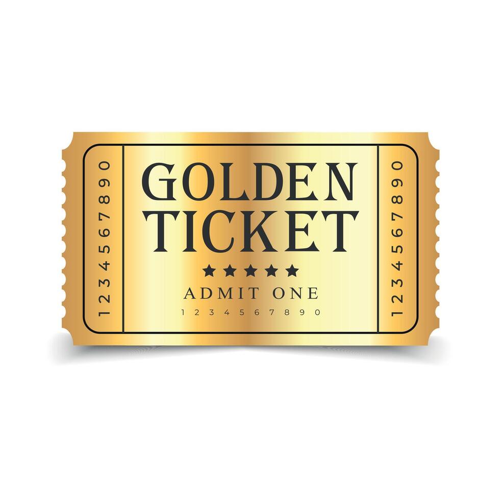 Golden ticket template isolated on white background. Festival, cinema, theater, concert, casino, circus, event Golden ticket, front view. illustration vector