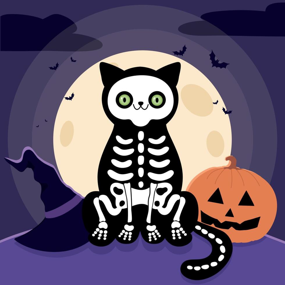 Skeleton cat with a witch hat and pumpkin in the moonlight. Halloween art. illustration vector