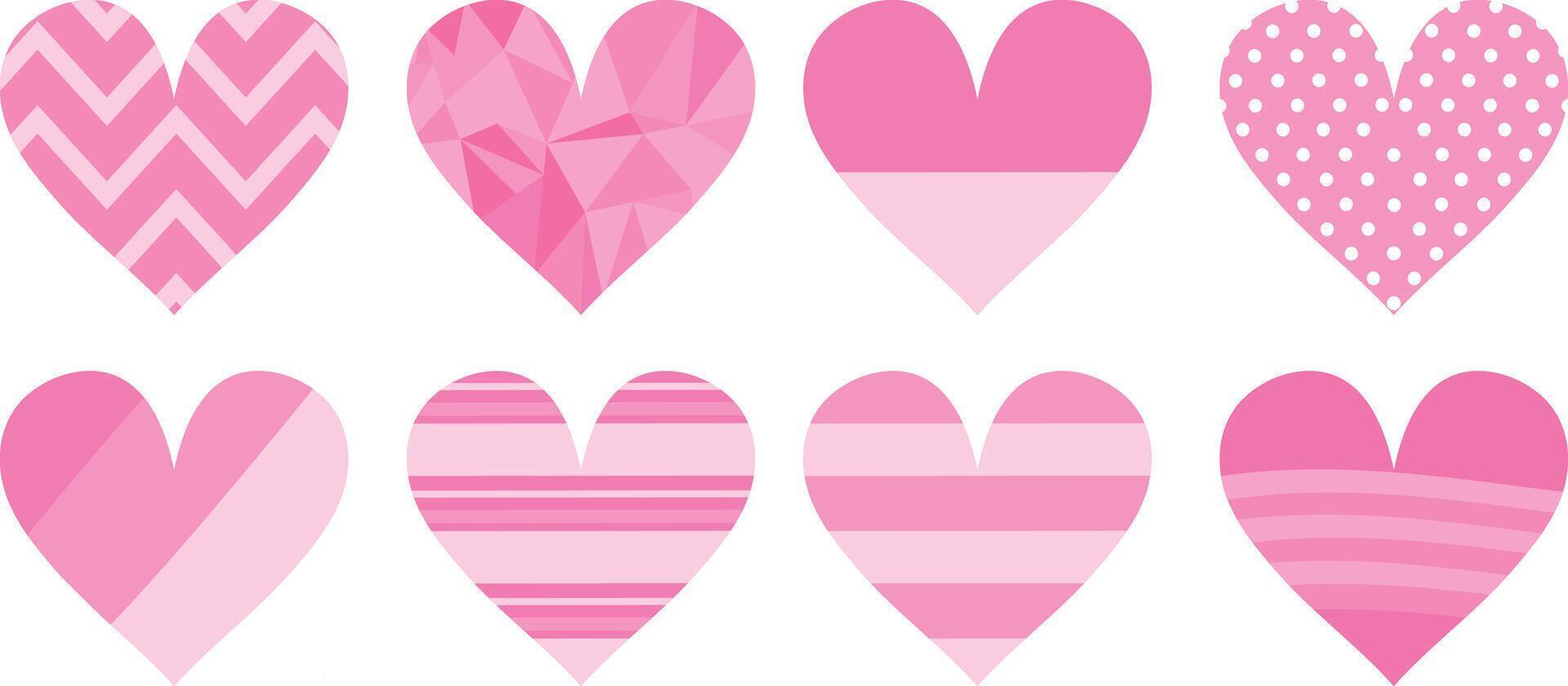 Pink heart icon set with various patterns. Dots, stripes and low poly ornaments. Decoration elements for greeting and love cards isolated on white background. illustration vector