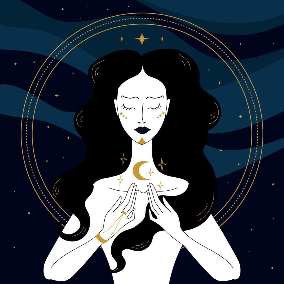Mystical Sorceress or witch with stars and crescent on night sky background. Witchcraft illustration vector