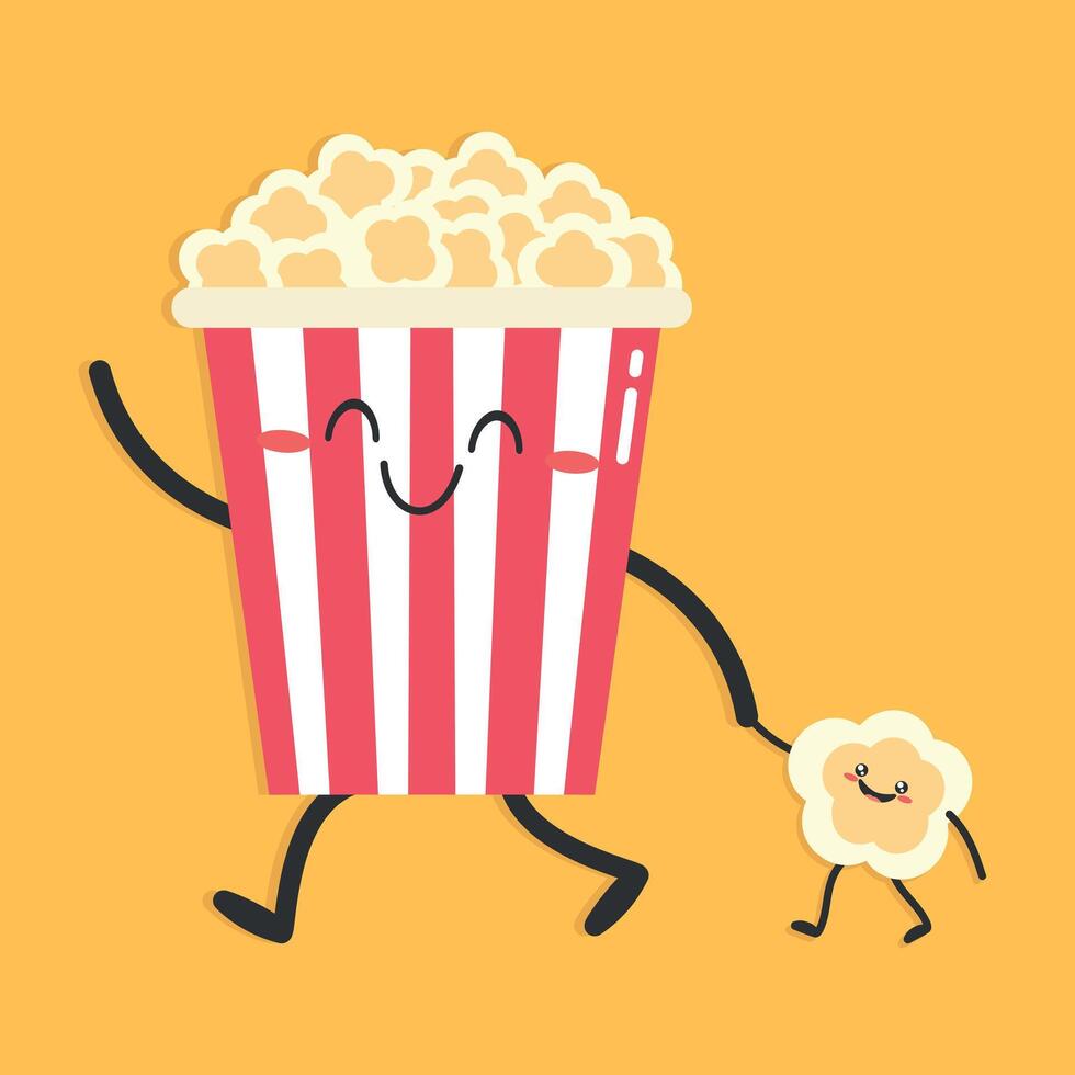Cute cartoon popcorn character on yellow background. Popcorn walks holding babys hand. Flat style. illustration vector