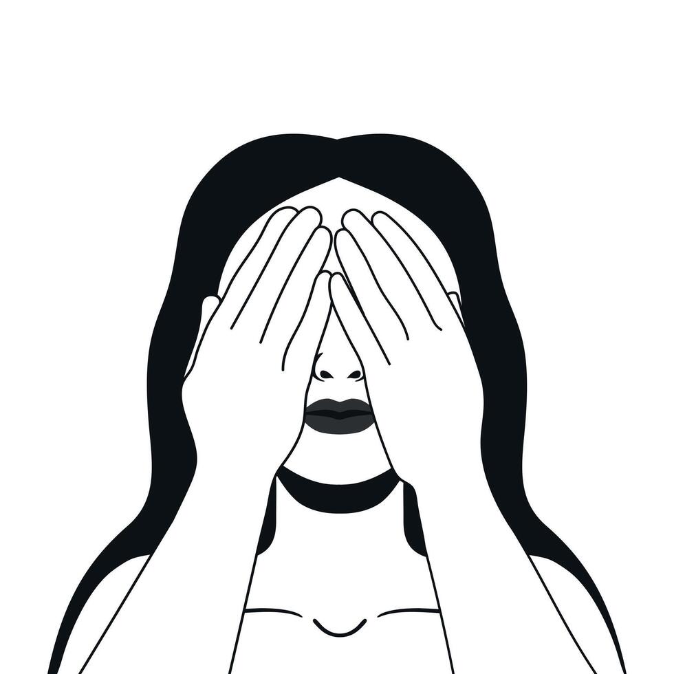 Portrait of a young female covering her eyes with hands to avoid seeing things. Hand drawn illustration vector