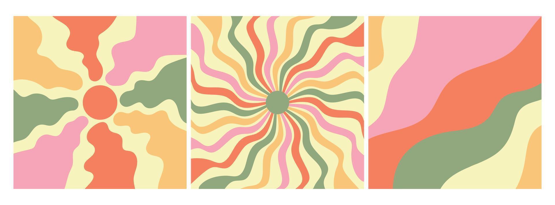 Groovy retro backgrounds. Sunburst, flower and waves. Hippie 60s, 70s style. illustration vector