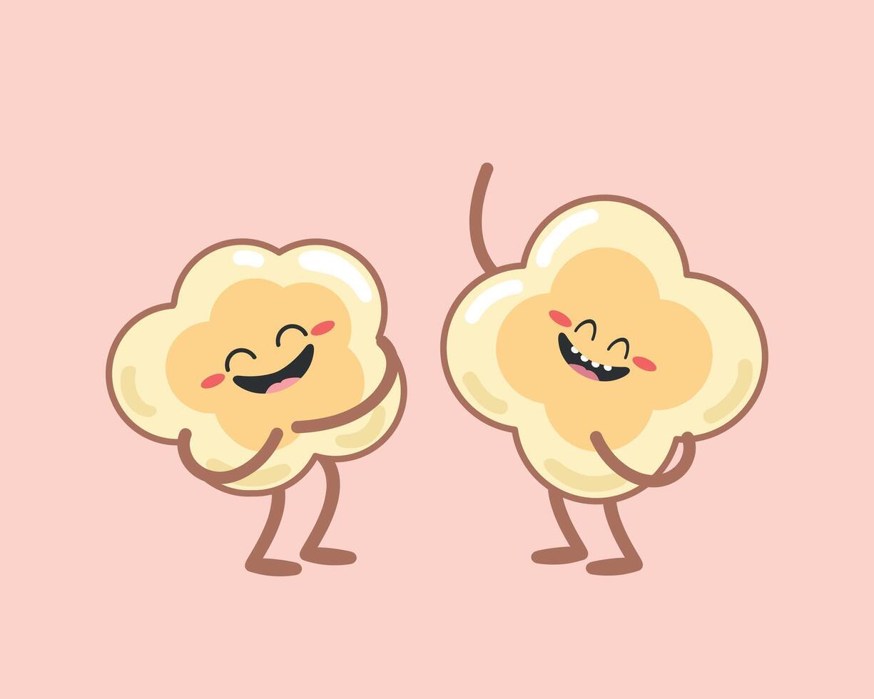 Cute cartoon popcorn characters on pink background. Two popcorns is laughing. Flat style. illustration vector