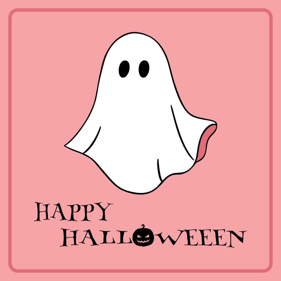 Happy Halloween greeting card with a hand drawn ghost on pink background. illustration vector
