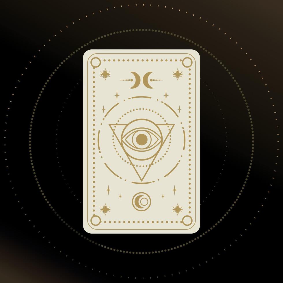 Gold and white Tarot card with a magical eye and crescent decorated with geometric shapes. Tarot symbolism. Mystery, astrology, esoteric. illustration vector