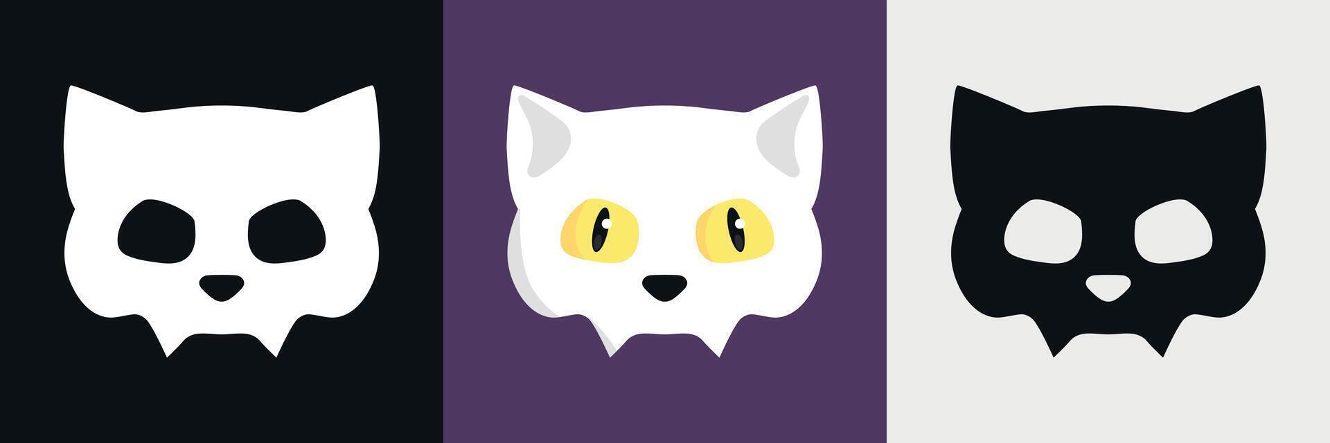 Set of cat skulls. Black and white cat skull silhouettes and skull with yellow eyes. illustration vector