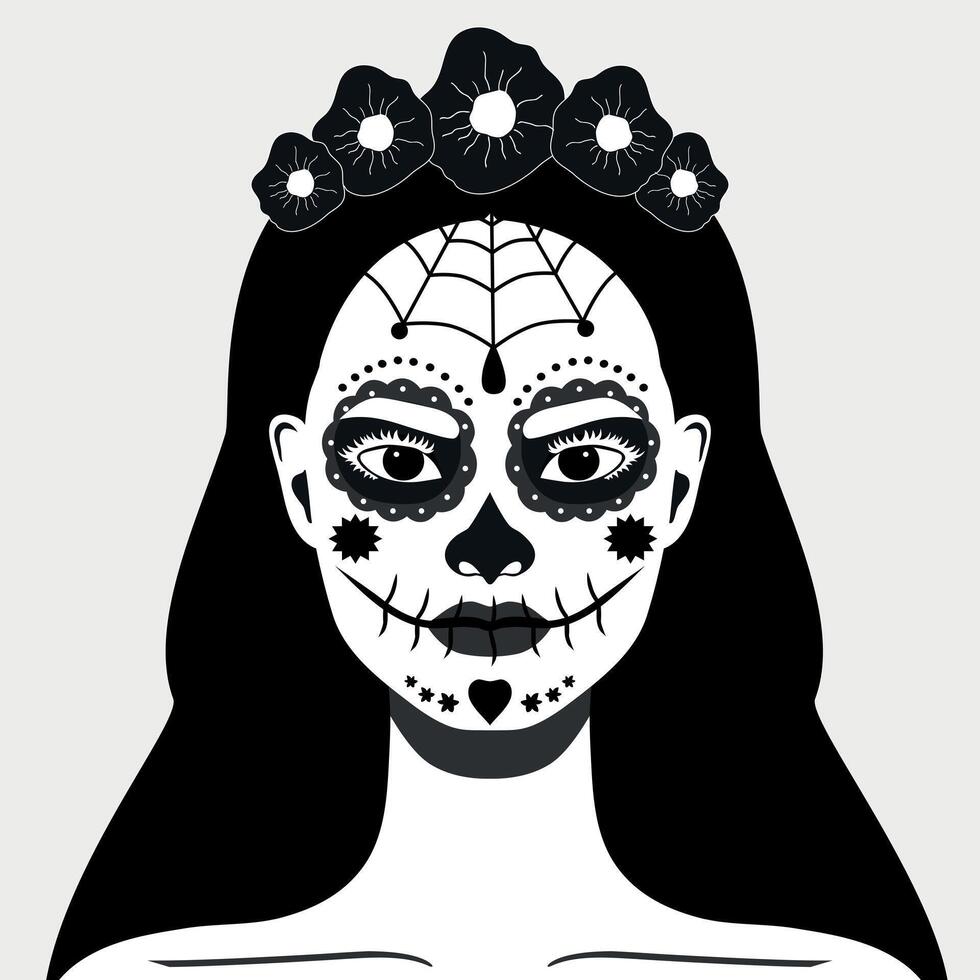 Woman with a makeup of sugar skull. Day of the Dead celebration. Dia de los Muertos. illustration vector