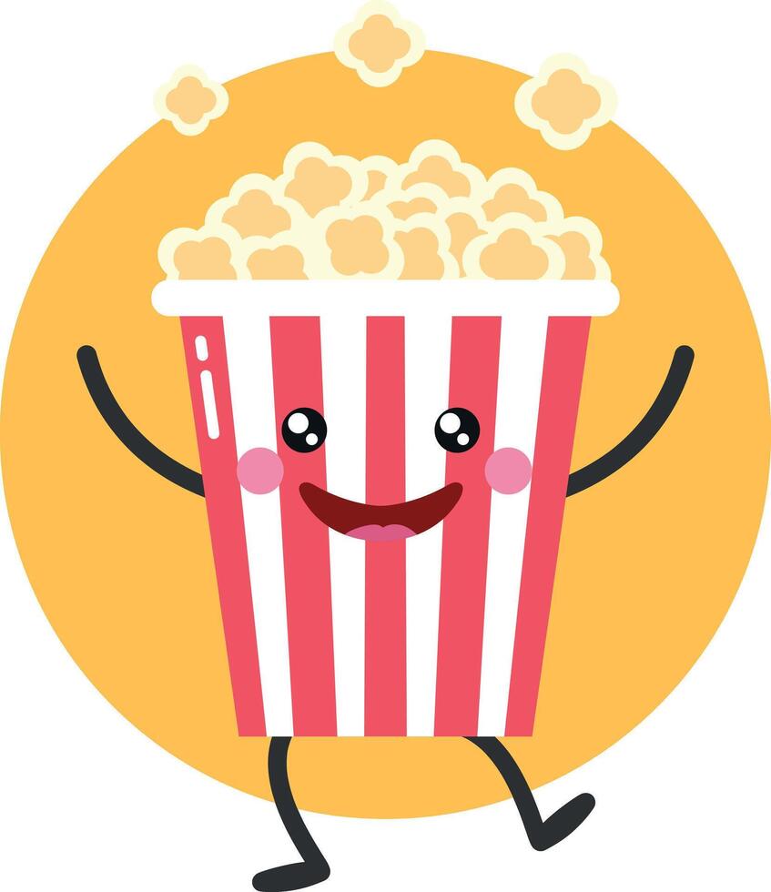 Cute cartoon popcorn character on yellow background. Popcorn dancing and juggling. Flat style. illustration vector
