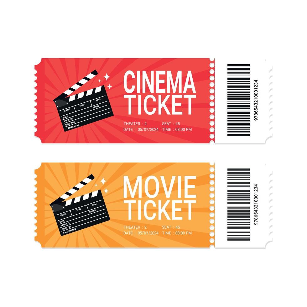 Modern movie or cinema ticket design with clapperboard. Realistic front view. Movie ticket template. illustration vector