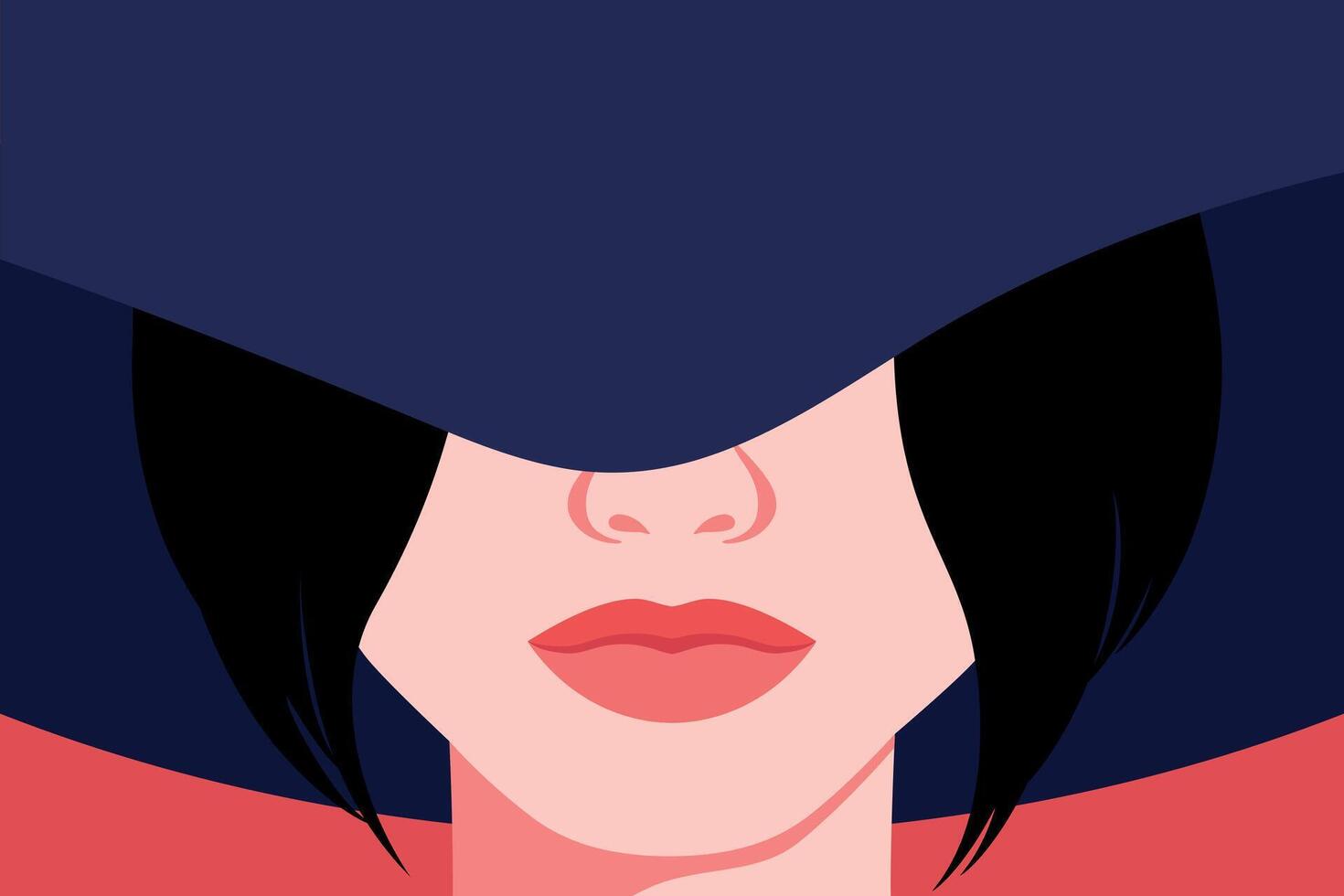 Portrait of a brunette woman in a hat. Abstract elegant woman with hat covering her eyes. Faceless portrait. illustration vector