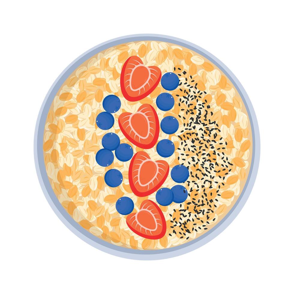 Oatmeal in a bowl isolated on white background. Oat flakes with strawberries, blueberries and chia seed. Porridge oats, top view. Healthy natural breakfast. illustration vector